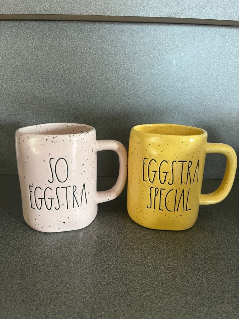 Rae Dunn Pink "So Eggstra" & Yellow "Eggstra Special" Speckled Mugs